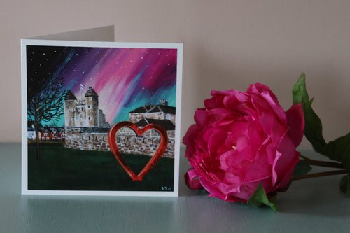 Irish Art Greeting Cards – Enniskillen Northern Lights Castle – Pack of 5 Square Cards