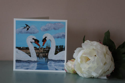 Irish Art Greeting Cards – Enniskillen Swans River Erne – Pack of 5 Square Cards