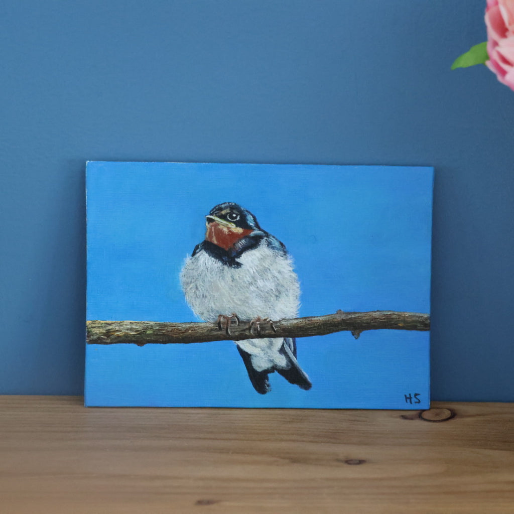 Original 7” x 5” acrylic painting “Fledgling Swallow”