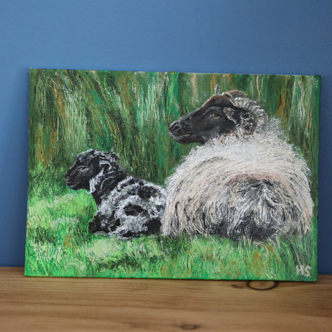 Original 7” x 5” acrylic painting “A Fermanagh lamb and Ewe”
