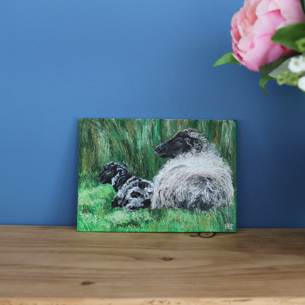 Original 7” x 5” acrylic painting “A Fermanagh lamb and Ewe”