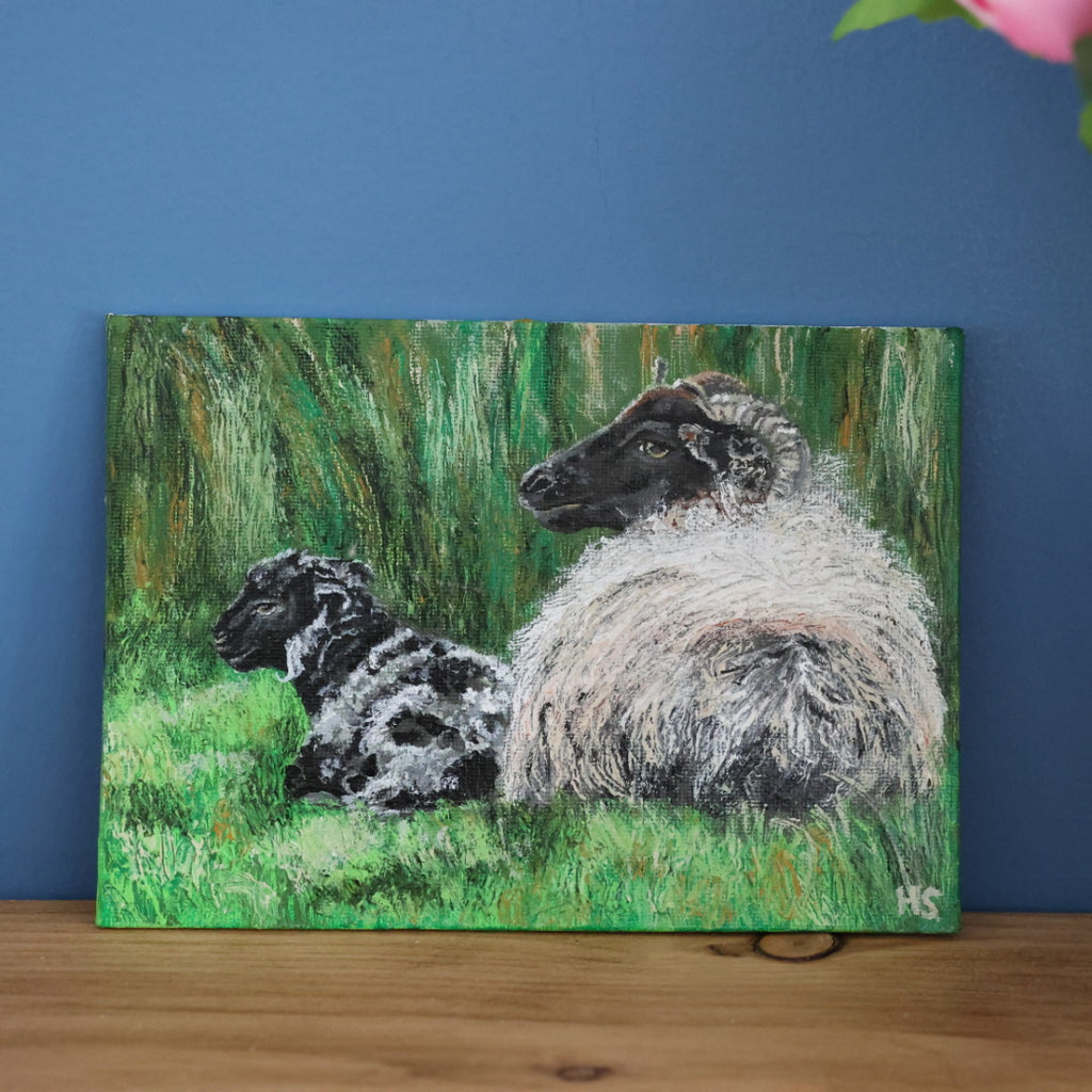 Original 7” x 5” acrylic painting “A Fermanagh lamb and Ewe”