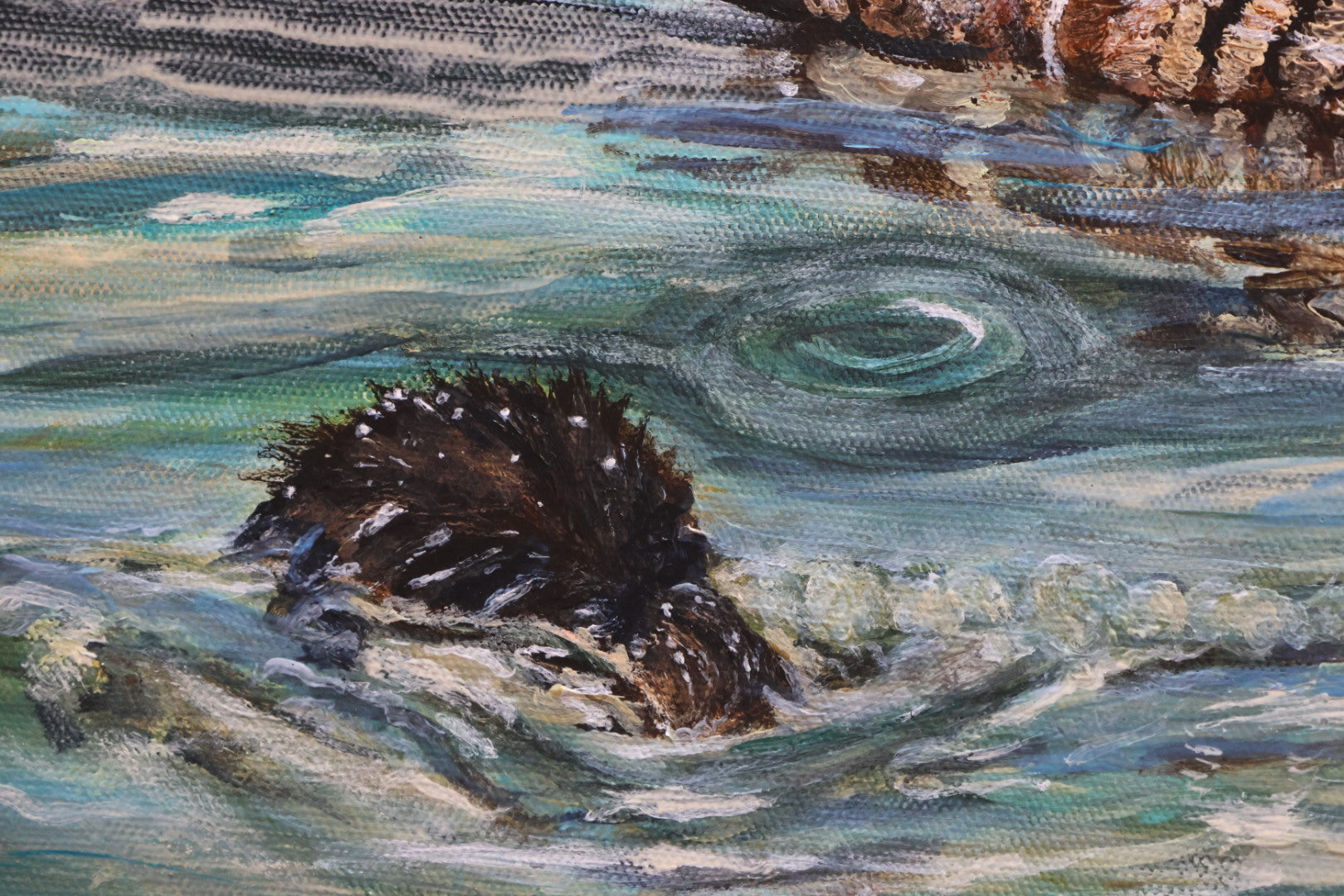 Artistic depiction of an eider duckling  in water with swirling patterns