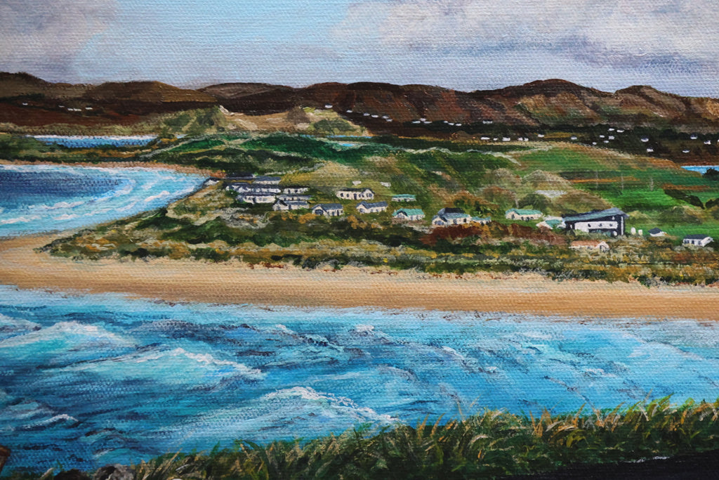 Painting of a coastal landscape with caravans and greenery.