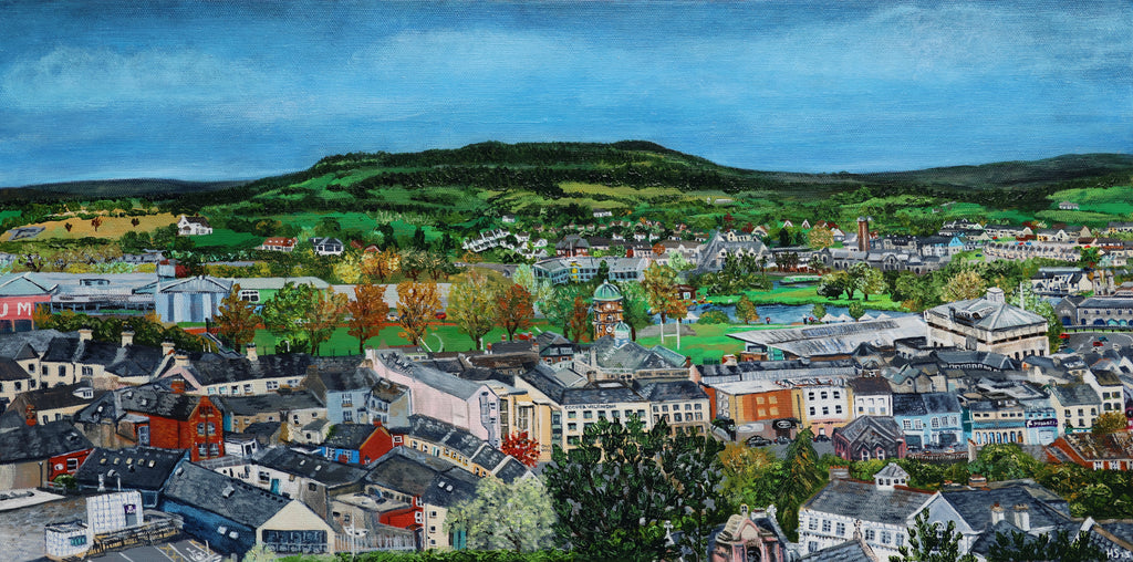 Panoramic view of Enniskillen town with buildings and greenery under a blue sky.