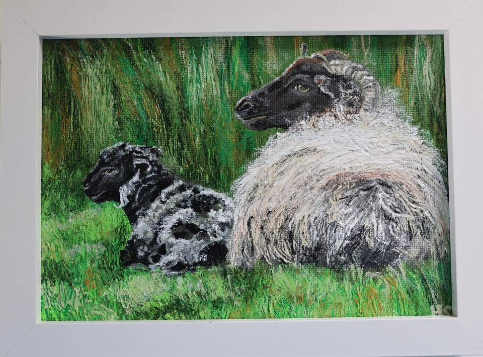 Original 7” x 5” acrylic painting “A Fermanagh lamb and Ewe”